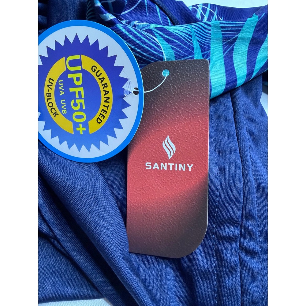 Santiny Womens Navy Tropical Long Sleeve Rash Guard UPF 50+ Swim Shirt Large - Picture 8 of 9